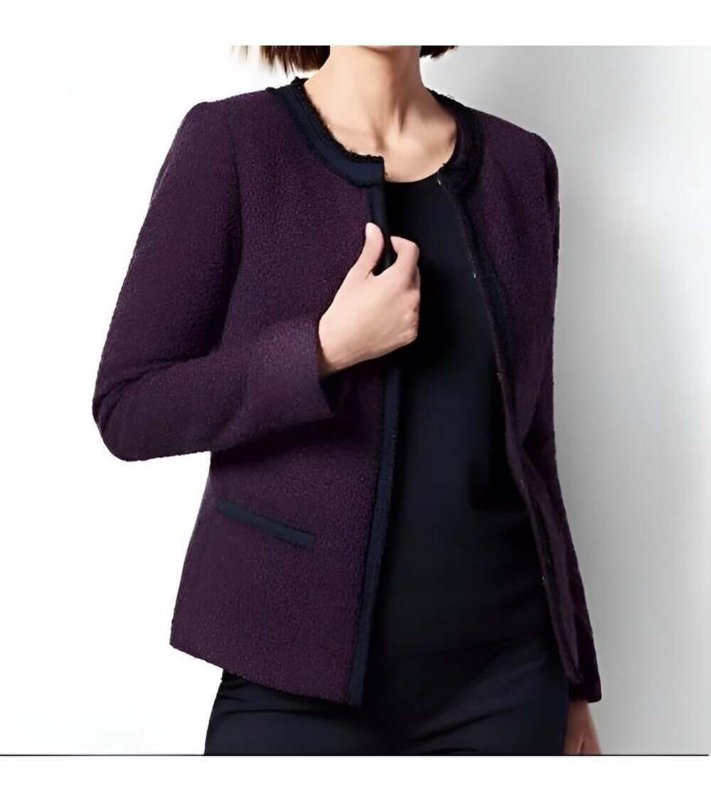 Talbots Wool Blend Tweed Boucle Fringe Blazer Burgundy Career Casual Size 12